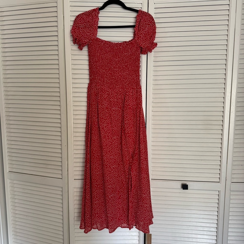 Reformation midi Dress Red Smocked Inka Montana Floral Slit Puff Sleeve medium